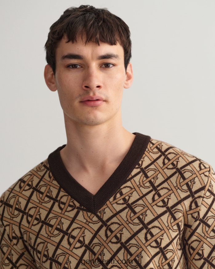 GANT mehed rikkalik pruun monogramm meriino v-kaelusega kampsun NBR64N363