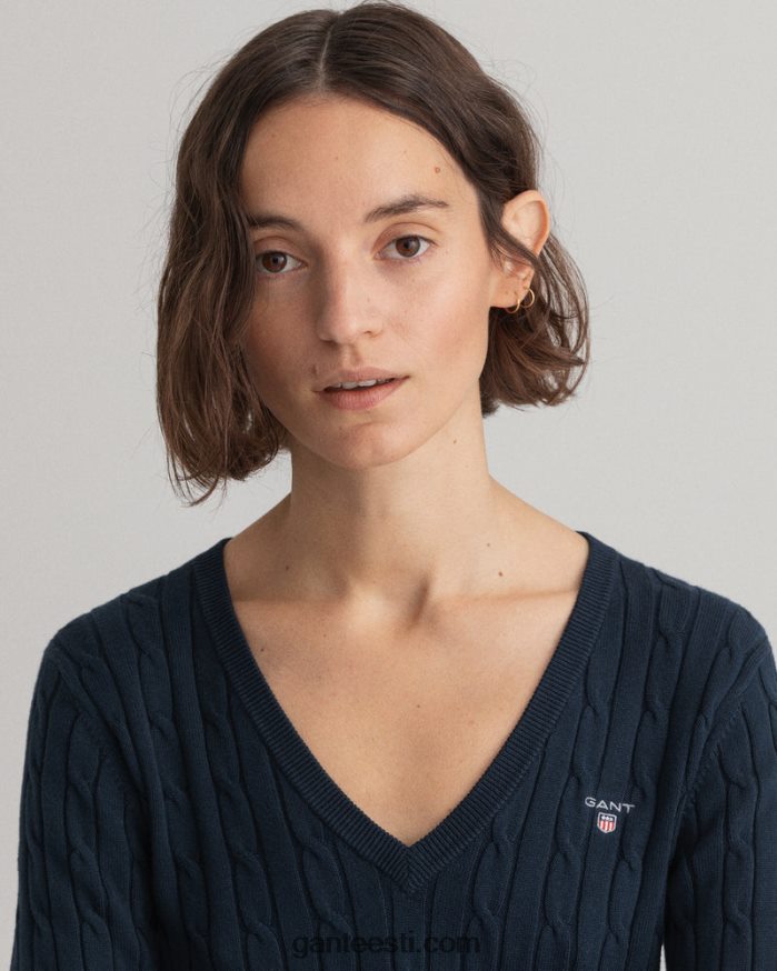 GANT naised õhtusinine veniv puuvillase kaabliga v-kaelusega kampsun NBR64N691