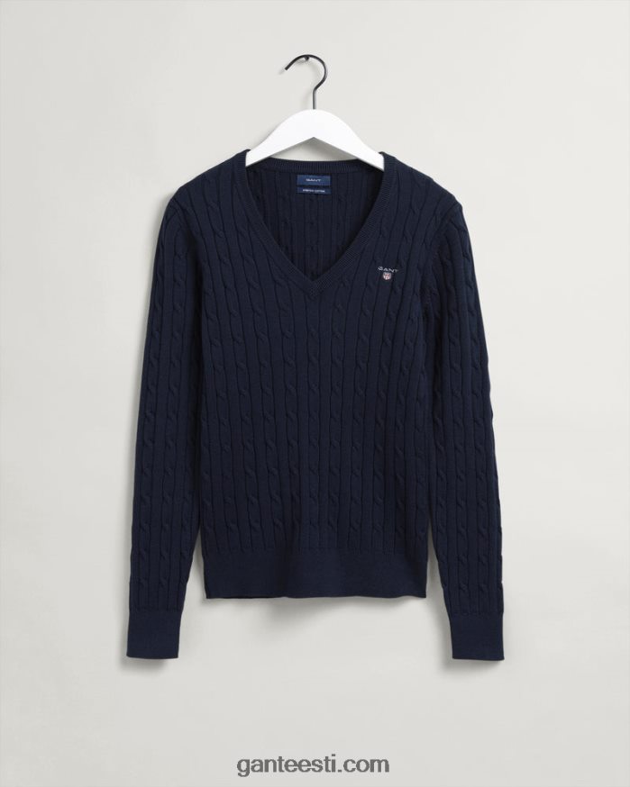 GANT naised õhtusinine veniv puuvillase kaabliga v-kaelusega kampsun NBR64N691