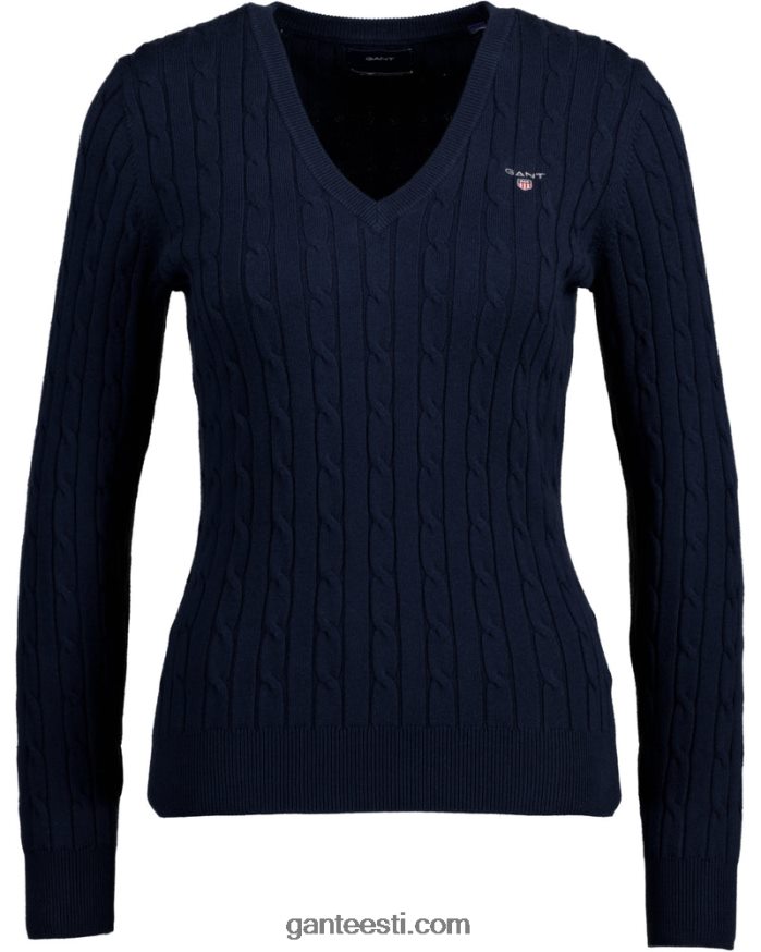 GANT naised õhtusinine veniv puuvillase kaabliga v-kaelusega kampsun NBR64N691